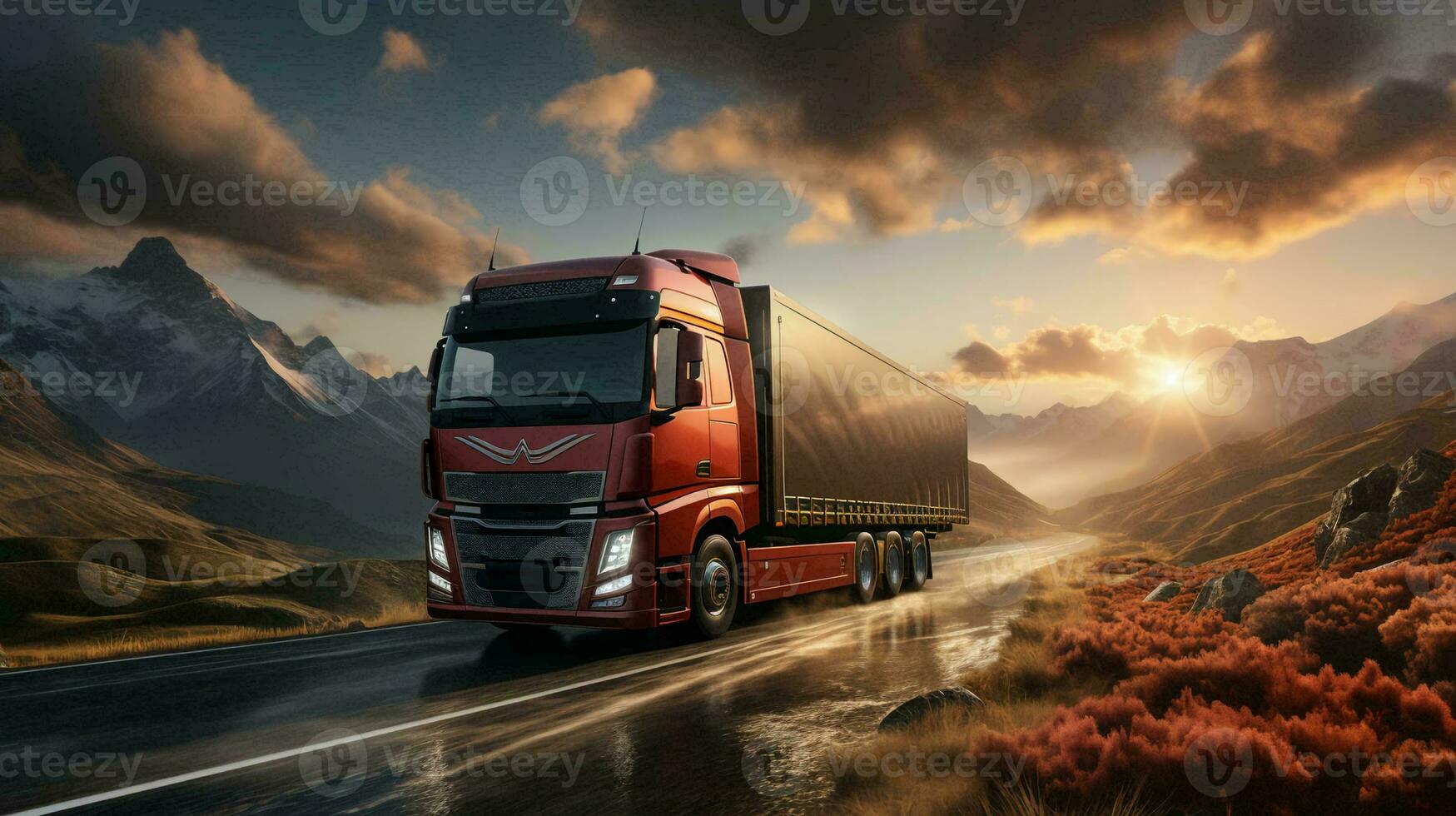 A big truck is driving along the highway delivering goods. The concept of logistics and delivery routes by road. AI generated photo