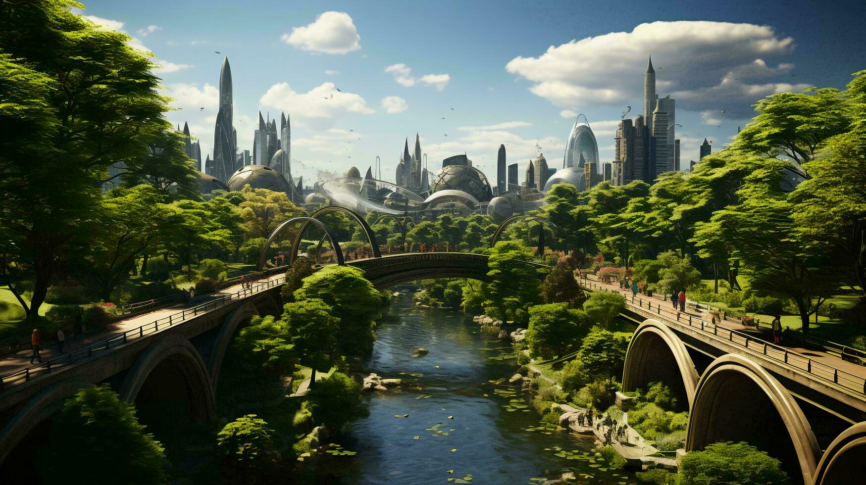 Green environmentally friendly city of the future with many green plants and alternative energy photo