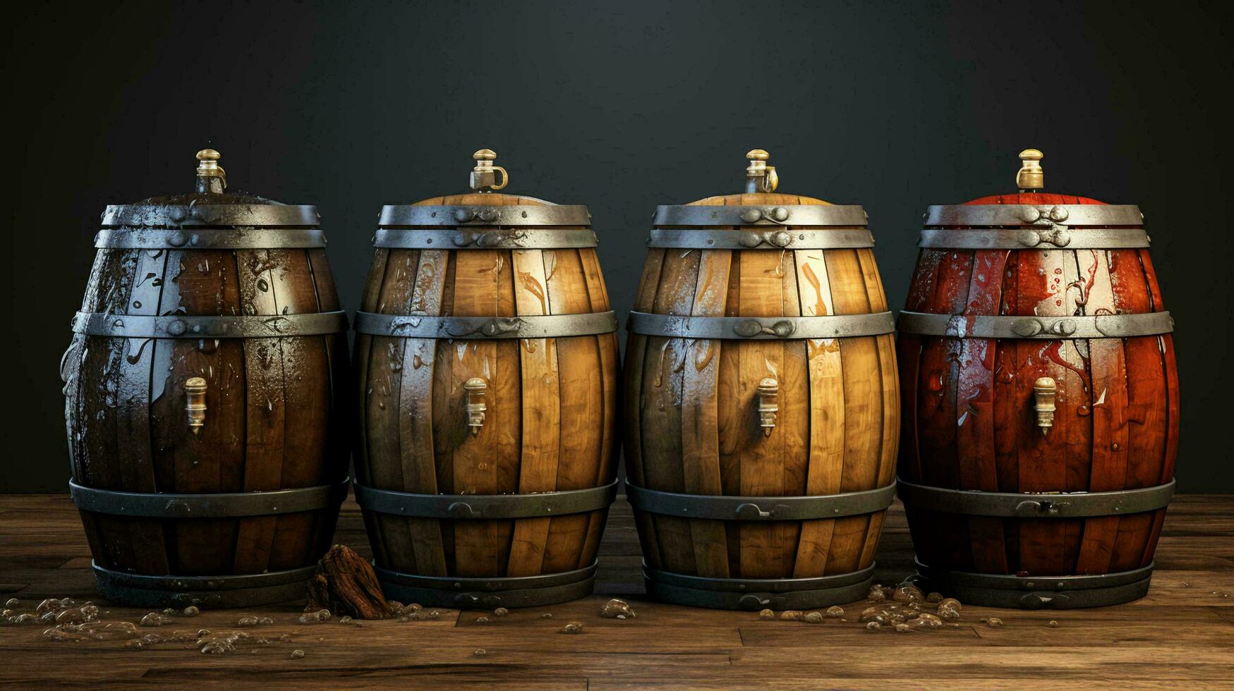 Wooden oak barrels with beer and wine in a wine cellar photo