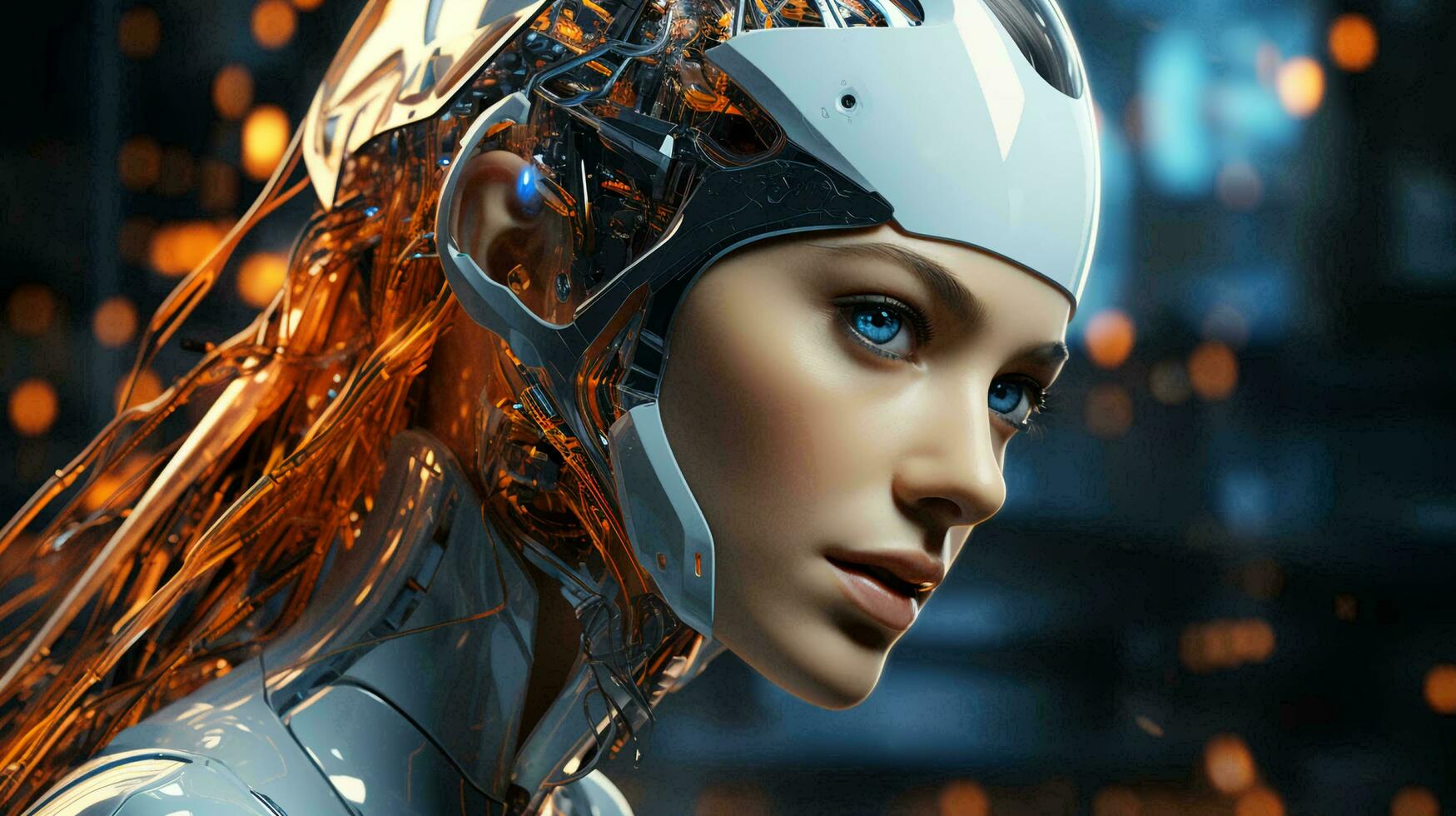 robot mujer cara futurista digital con metálico detalles foto