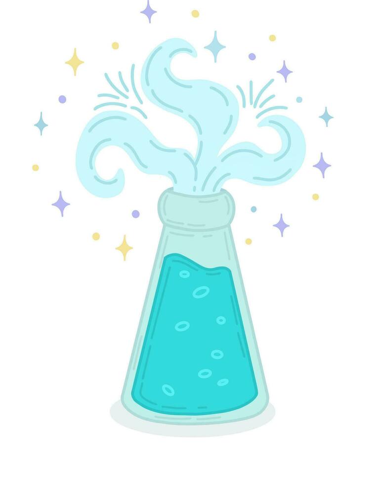 Vector illustration of a magic elixir. A bottle with a magic elixir for love spells, witchcraft and divination. Magical illustration and alchemy. A bottle with a miracle potion.