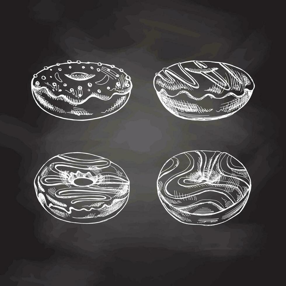A hand-drawn sketch of a set of donuts. Top view. Vintage illustration on chalkboard background. Pastry sweets, dessert. Element for the design of labels, packaging and postcards. vector