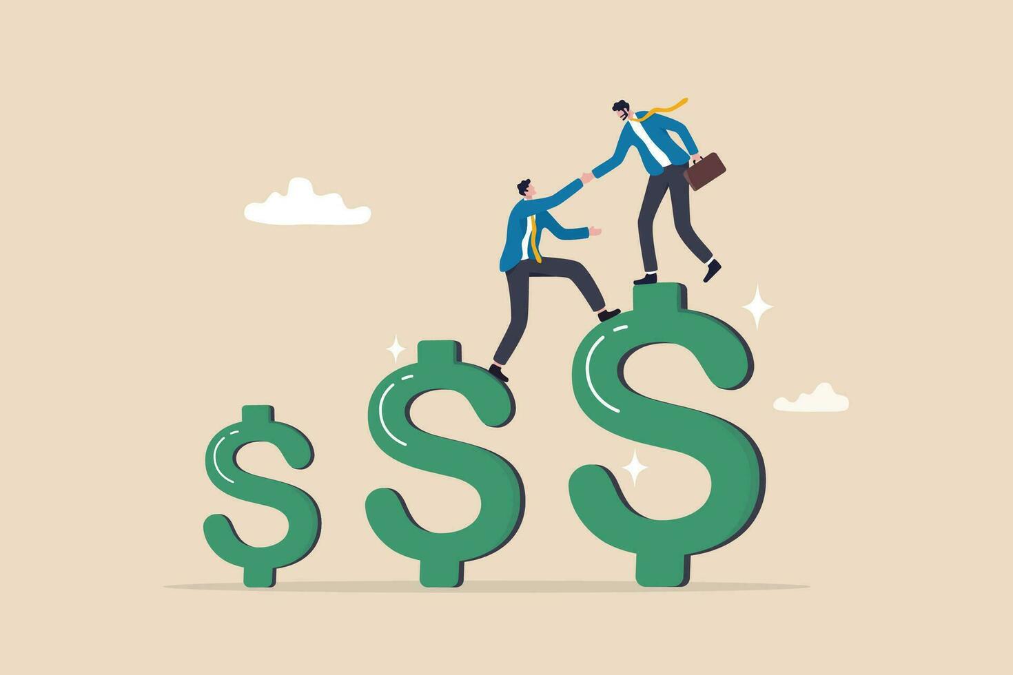 Increase profit, financial advisor help increase earning, income or revenue, growing wealth, profit growth or funding support, improvement or challenge concept, businessman help climb up dollar sign. vector