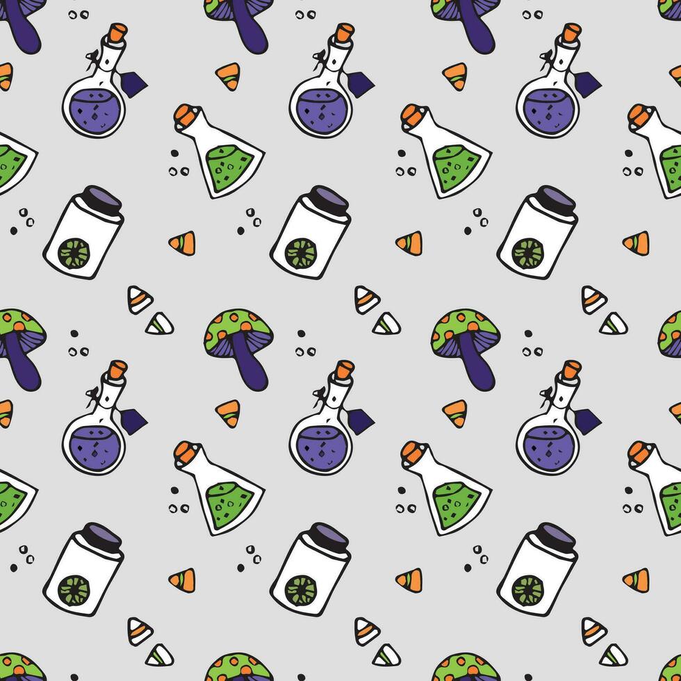 Seamless pattern with potion bottles in doodle style on a gray background. Print a magical bottle for Halloween. Potion bottle pattern. Vector illustration