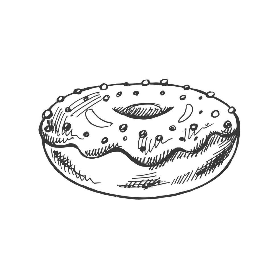 un dibujado a mano bosquejo de rosquilla. Clásico ilustración. Pastelería dulces, postre. elemento para el diseño de etiquetas, embalaje y postales vector