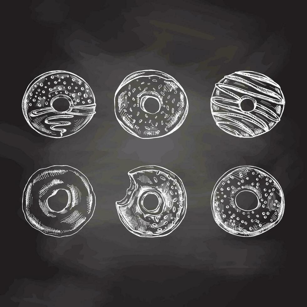 A hand-drawn sketch of a set of donuts. Top view. Vintage illustration on chalkboard background. Pastry sweets, dessert. Element for the design of labels, packaging and postcards. vector