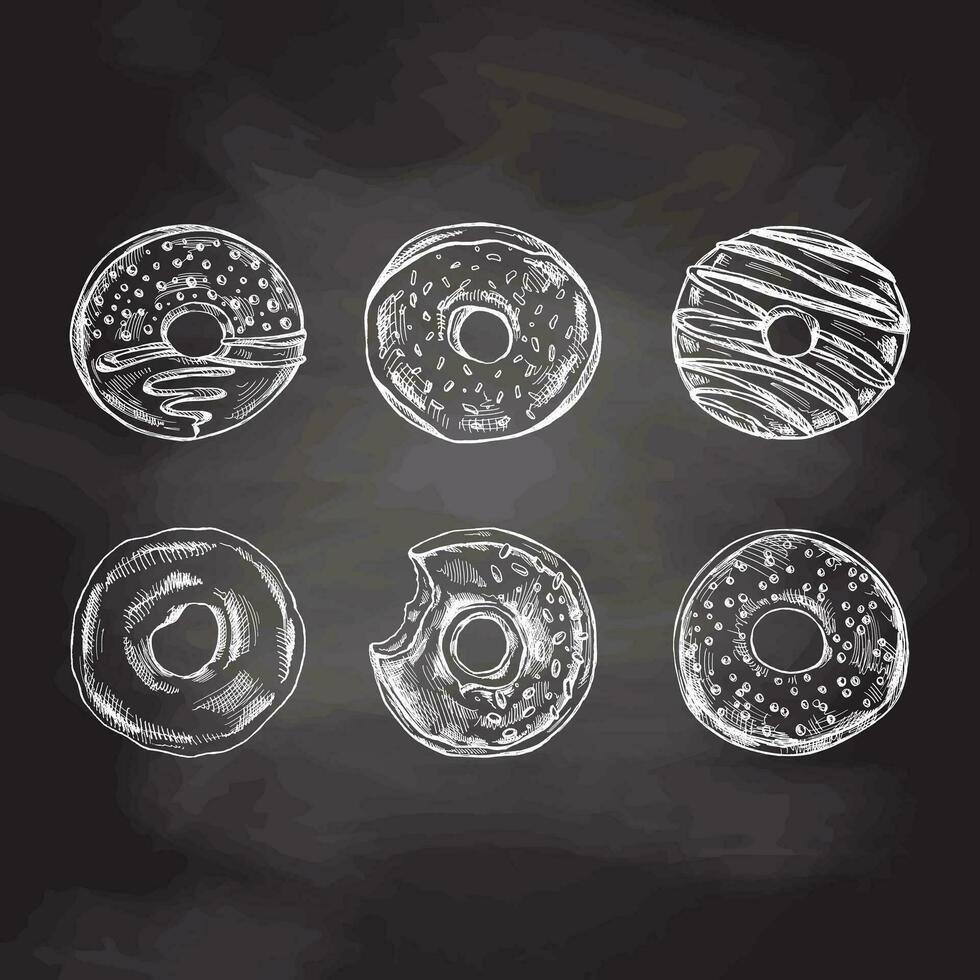 A hand-drawn sketch of a set of donuts. Top view. Vintage illustration on chalkboard background. Pastry sweets, dessert. Element for the design of labels, packaging and postcards. vector