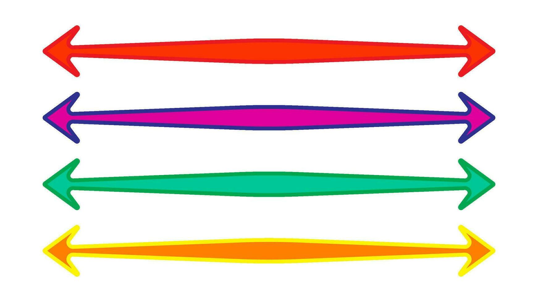 Risoprint long straight double arrow horizontal lines. risograph bold pointer in vibrant color of yellow, purple, red, green. Flat icon for basic direction pointing with arrowhead forward to location. vector
