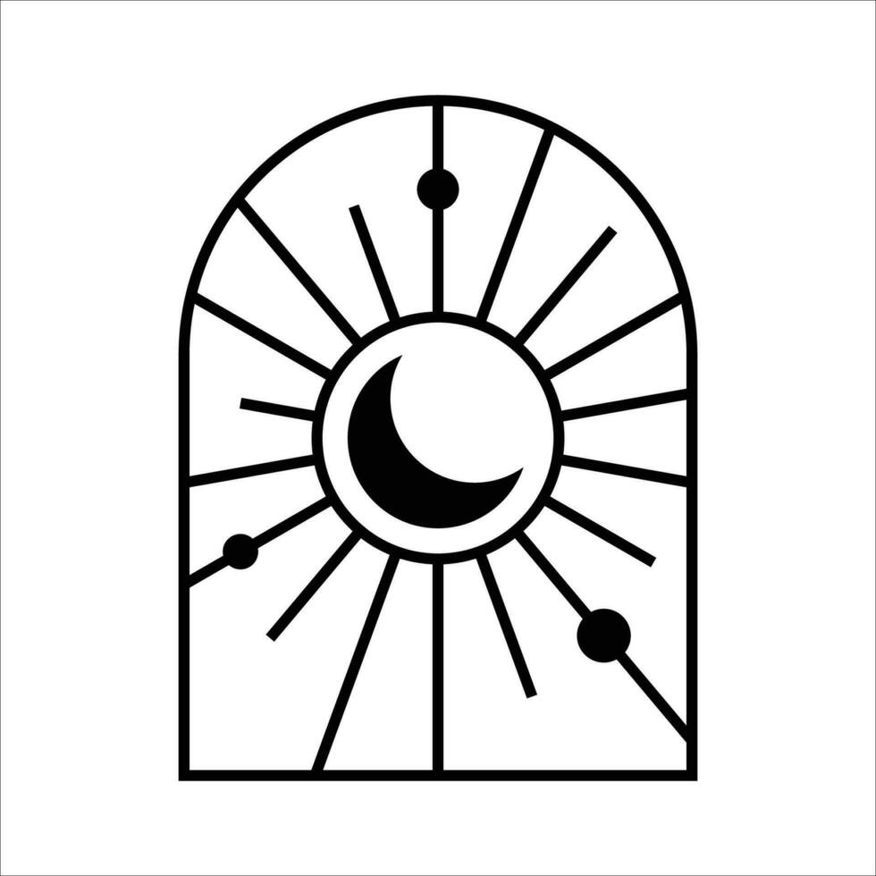 Arched window and crescent with sun linear icon. Mysticism and esoteric simple icon vector