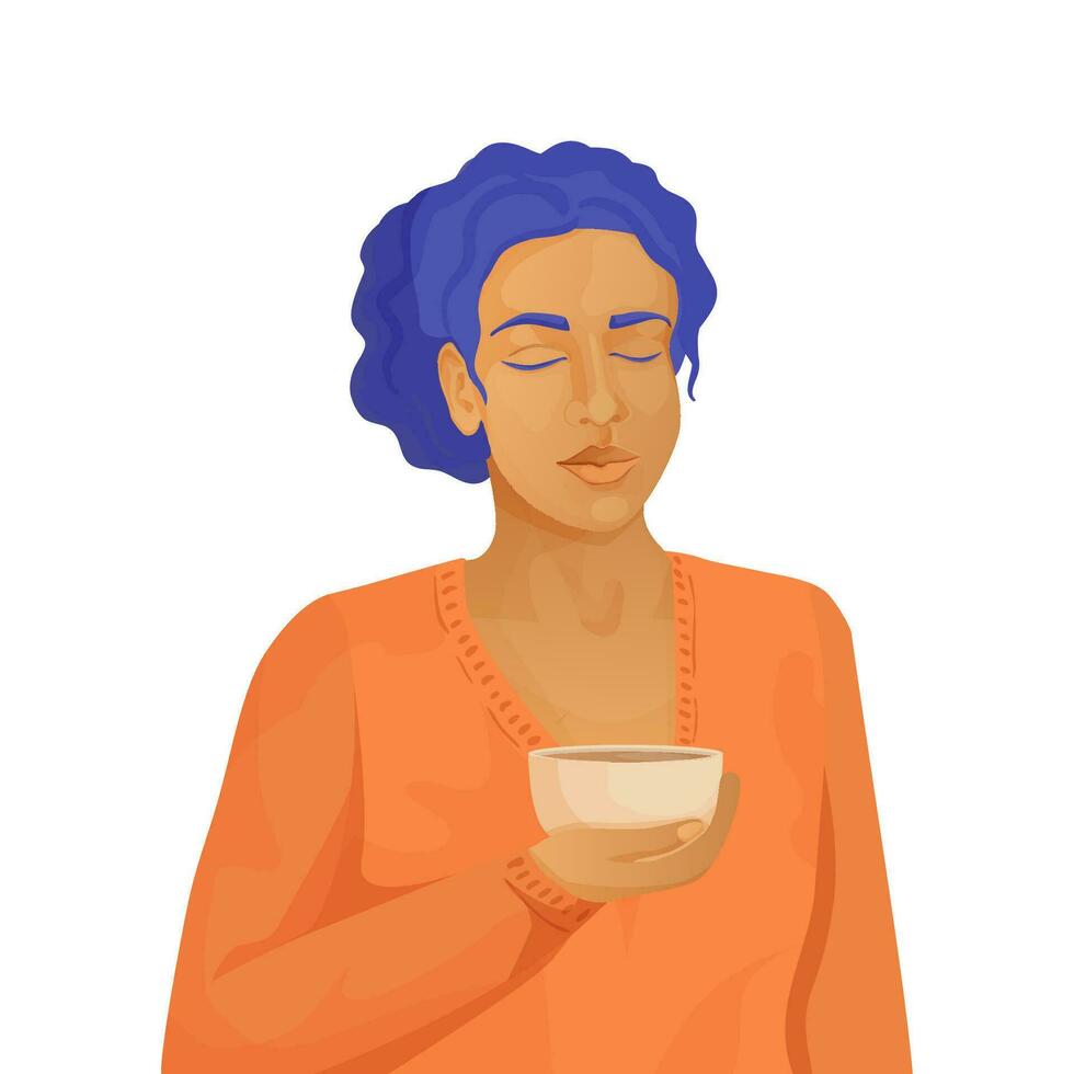girl drinking tea or coffee on white background. Cozy cafe or drink tea at home vector