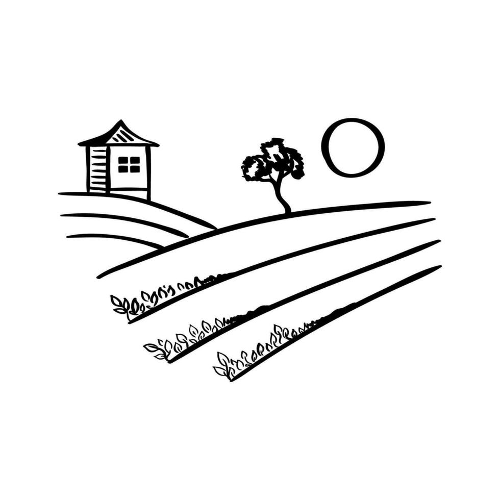 Tea fields and mountains in the background, a rustic scene with an agricultural landscape and a small house. Icon with tea collection fields, label for packaging or website vector