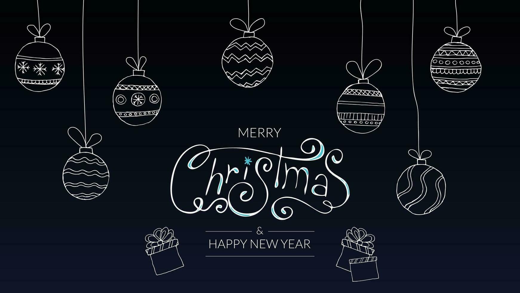 Merry Christmas banner or card. Happy new year Template with white christmas balls and hand-drawn inscription on classic blue background. vector