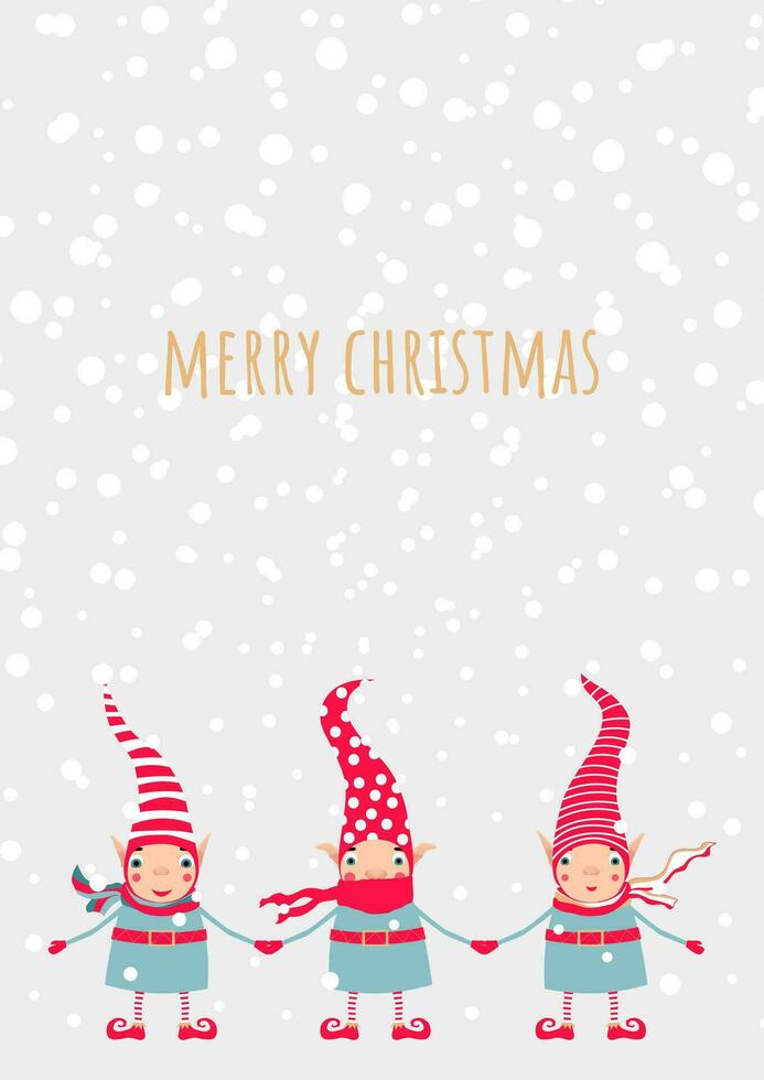 Stock vector illustration with 3 cute christmas elves in striped and polka dots red hats. Template for merry christmas cards and Happy new year, greetings, banners or posters.