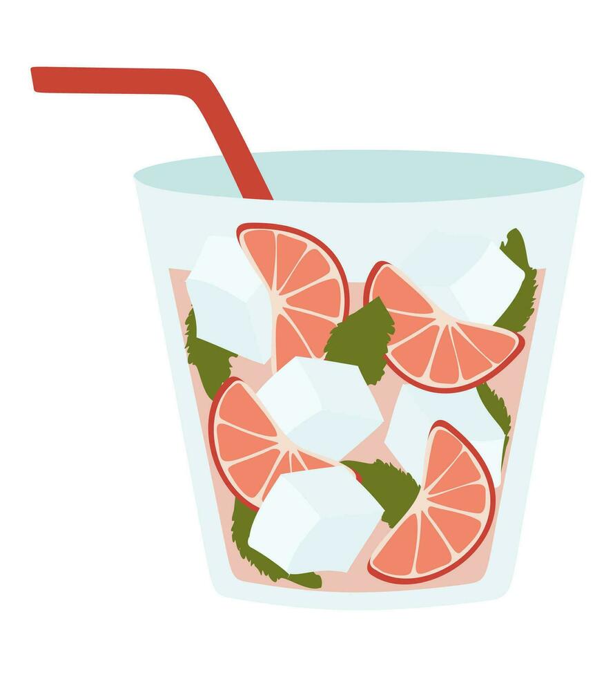 Summer Lemonade with Graipefruit. Flat style Vector illustration. Cartoon Beverage with straw, ice cubes, mint in Glass. Refreshing cold Fruit Drink. Graphic for Poster, Banner, Flyer.