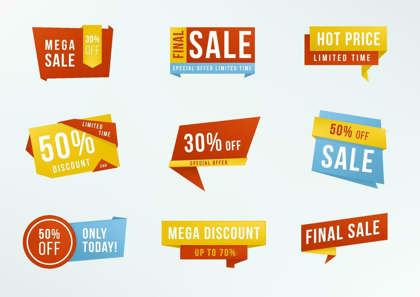 Set of promotional labels with lettering, sale, 50, 30 percent discount. Collection advertising badges. vector