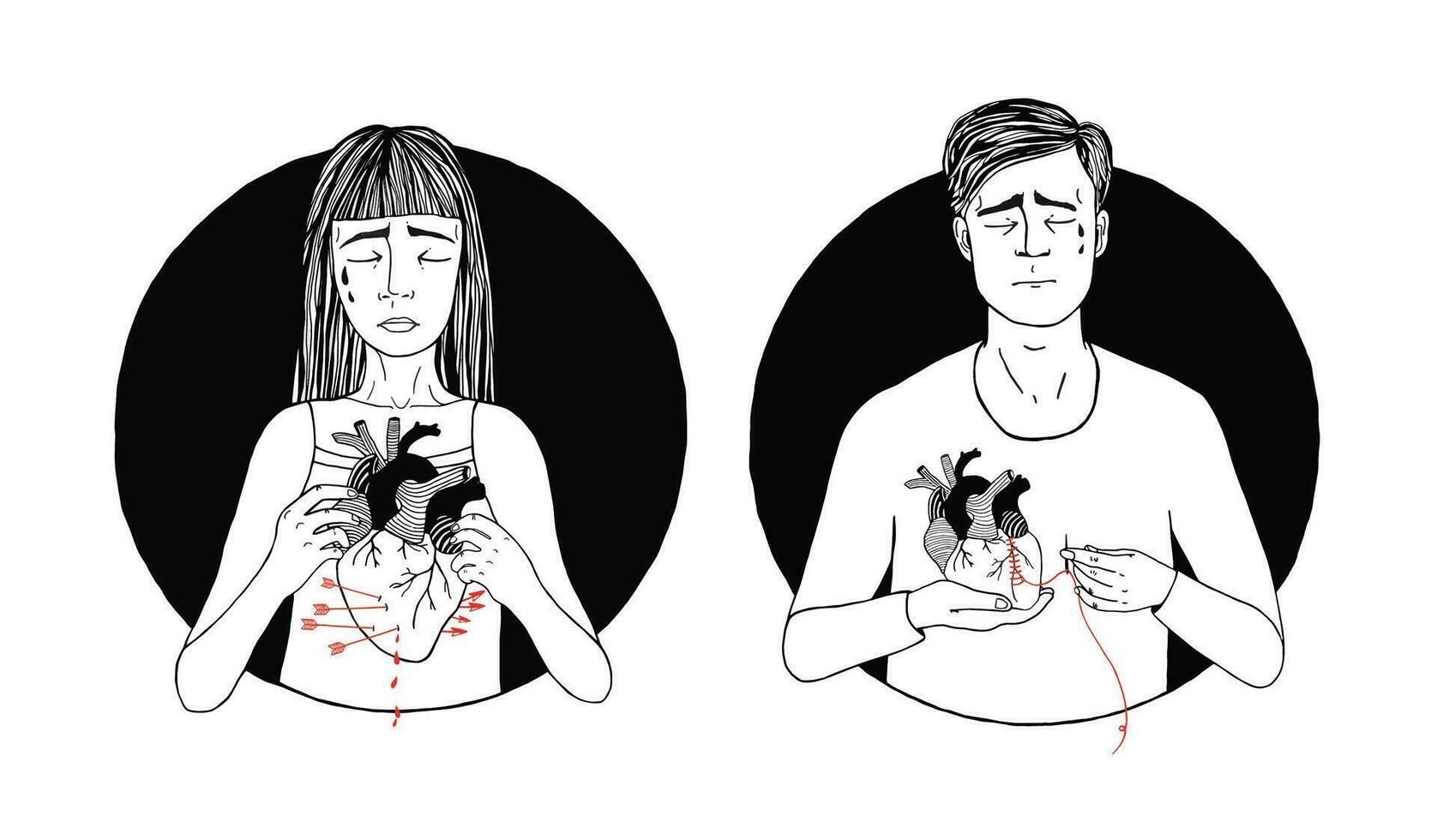 Sad and suffering man and woman loss of love. broken heart concept. hand drawn illustration vector