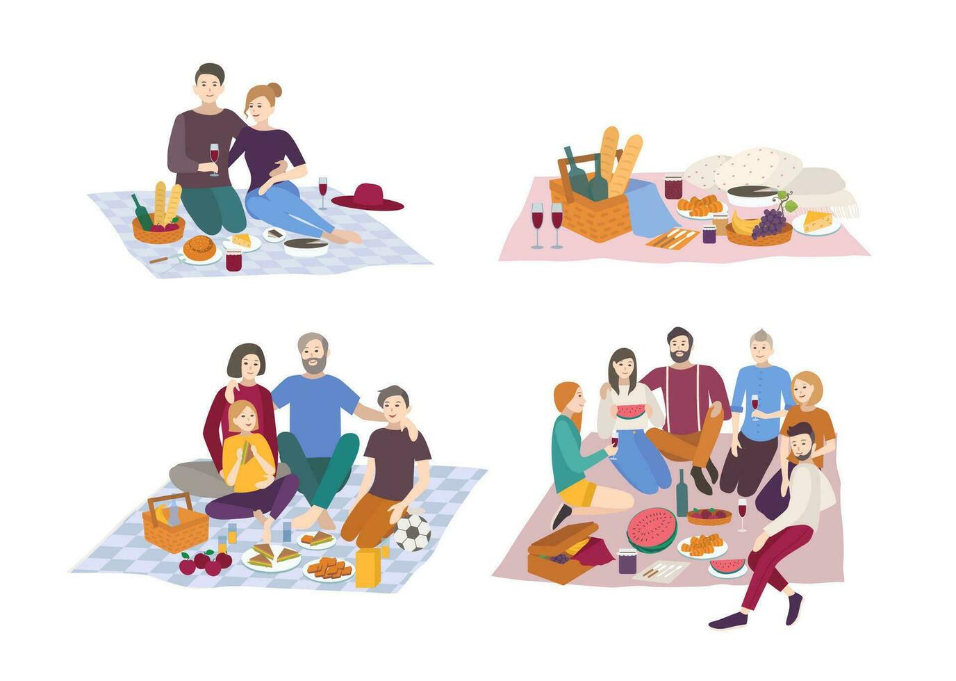 Picnic in park, vector illustration set. Couple, friends, family, outdoors. people recreation scene in flat style.