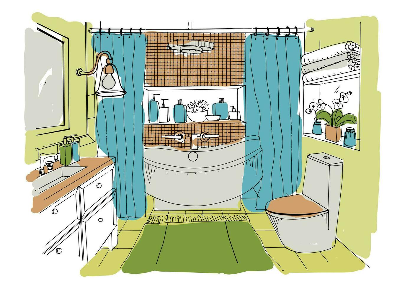 Hand drawn modern bathroom interior design. Vector colorful sketch illustration.