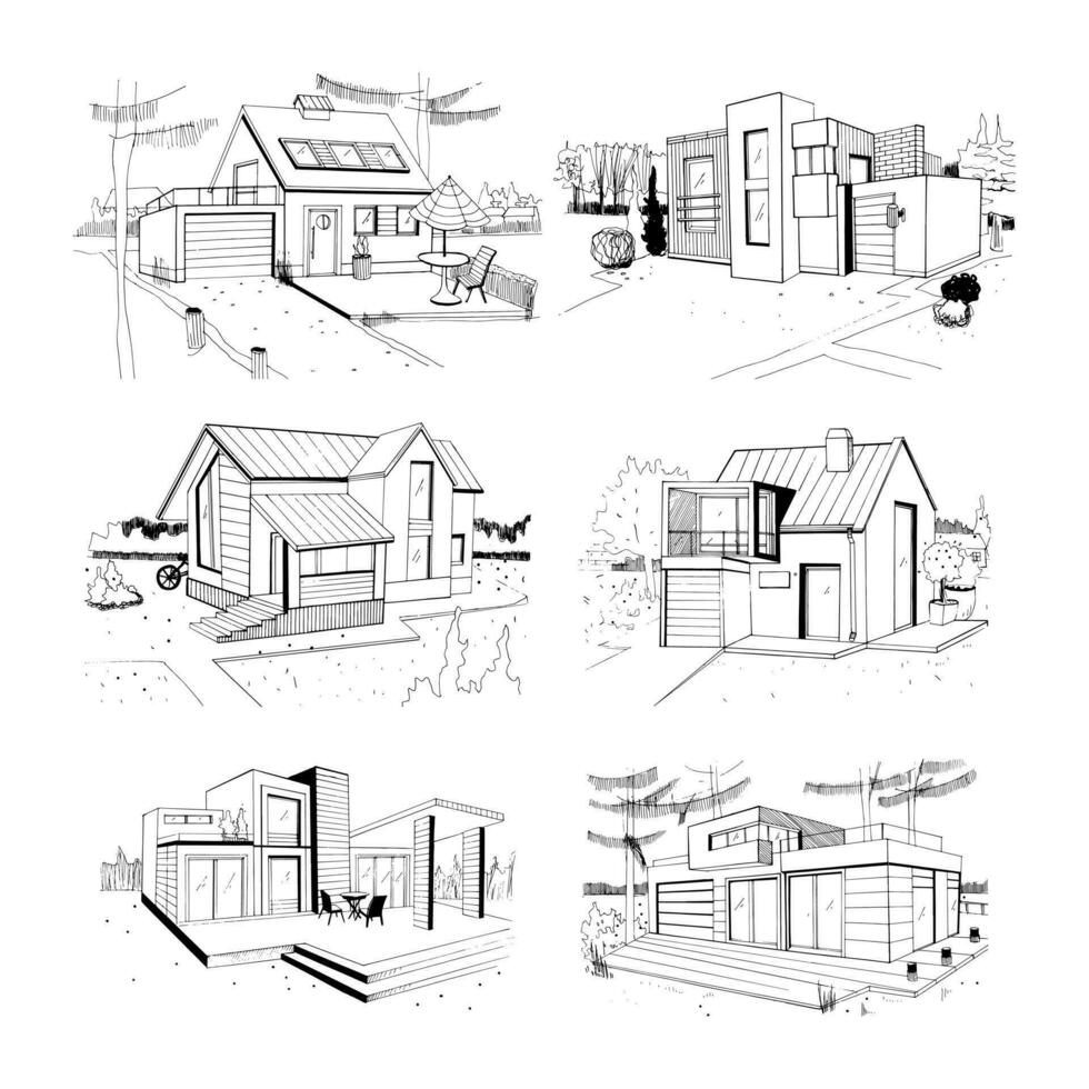 Hand drawn cottage. modern private residential houses. sketch illustrations set. vector