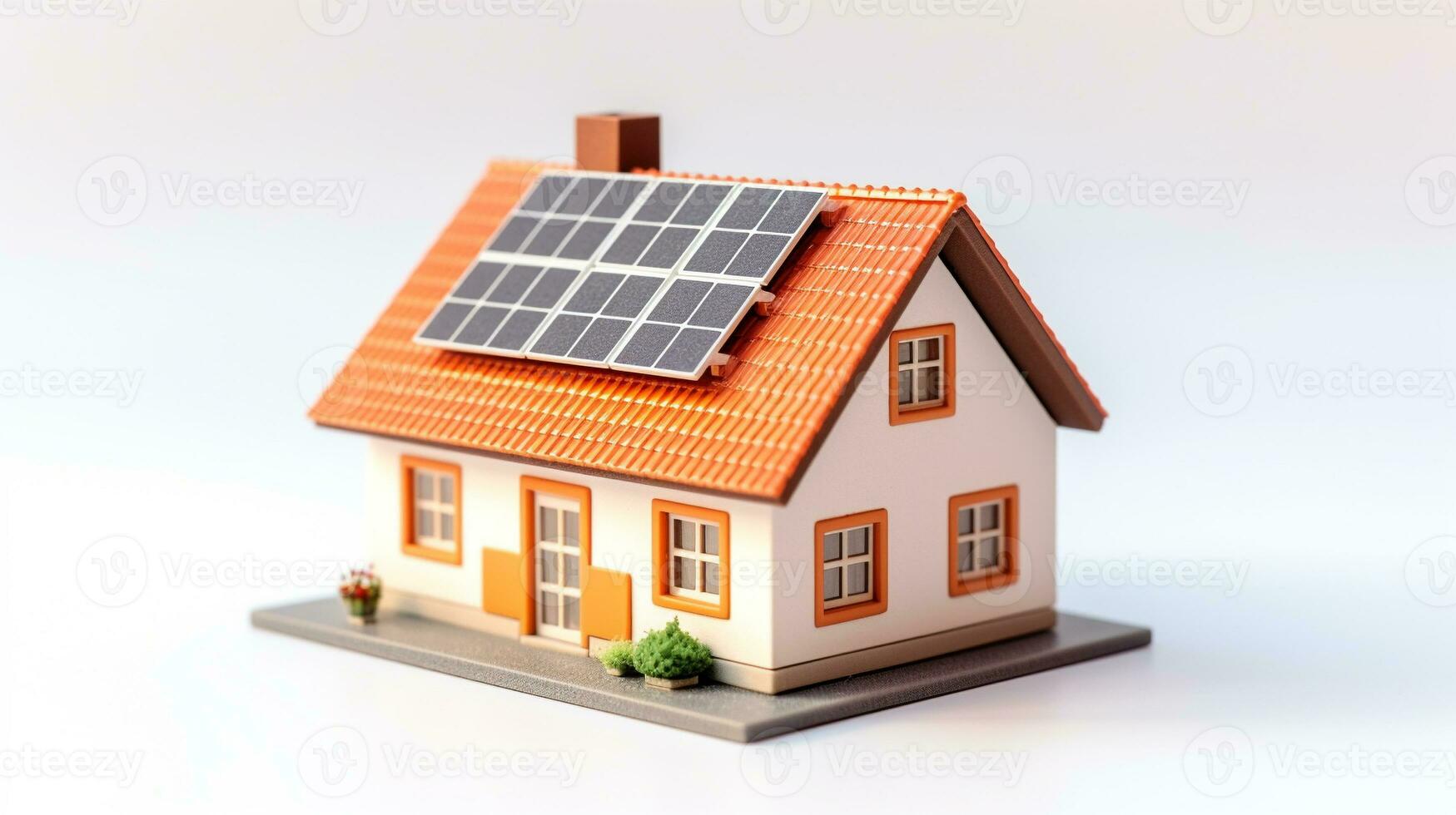 miniatura casa modelo con solar panel en techo en blanco antecedentes. inteligente hogar energía ahorro concepto. generativo ai foto