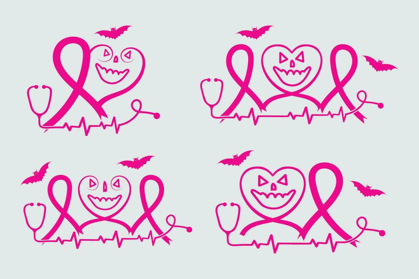 set of Halloween ghost costume Breast Cancer Awareness Heart Ribbon with Butterfly Registered Nurse Stethoscope vector, Scary Ghost Nurse Stop cancer clipart, bat pumpkin Spooky Funny Halloween svg vector