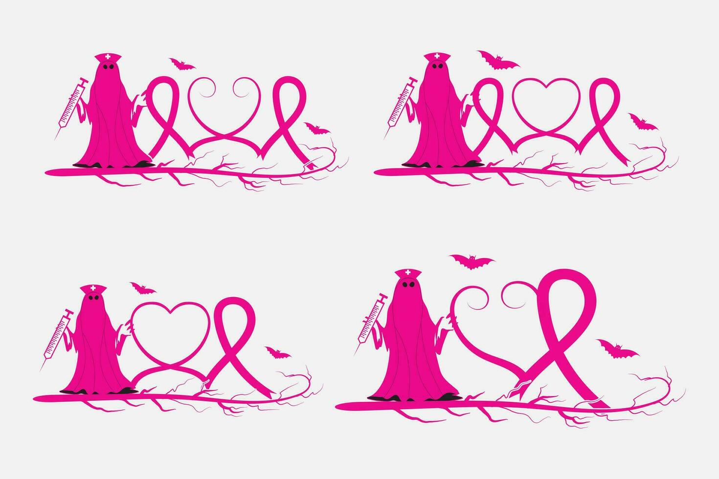 set of Halloween ghost costume Breast Cancer Awareness Heart Ribbon with Butterfly Registered Nurse Stethoscope vector, Scary Ghost Nurse Stop cancer clipart, bat pumpkin Spooky Funny Halloween svg vector