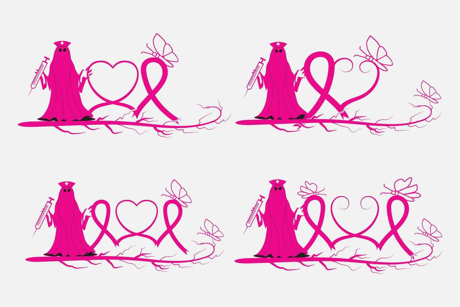 set of Halloween ghost costume Breast Cancer Awareness Heart Ribbon with Butterfly Registered Nurse Stethoscope vector, Scary Ghost Nurse Stop cancer clipart, bat pumpkin Spooky Funny Halloween svg vector