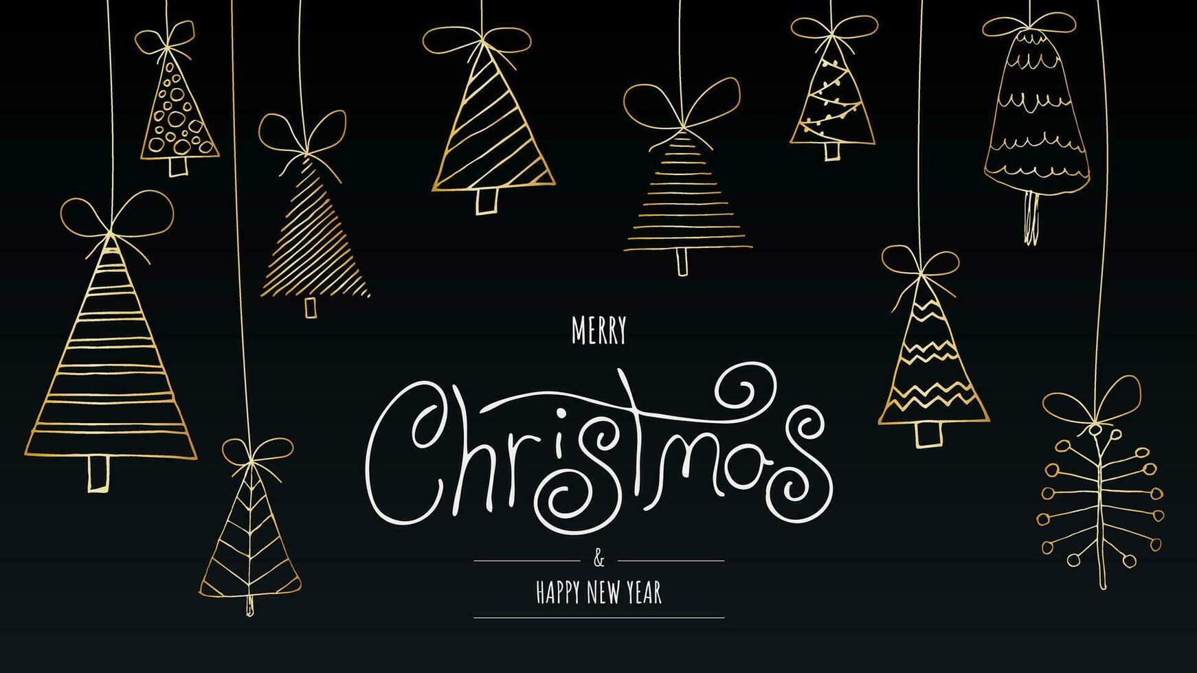 Merry Christmas banner or card. Happy new year Template with gold christmas trees and hand-drawn inscription on dark black background. Horizontal christmas poster, greeting cards, screen for website vector