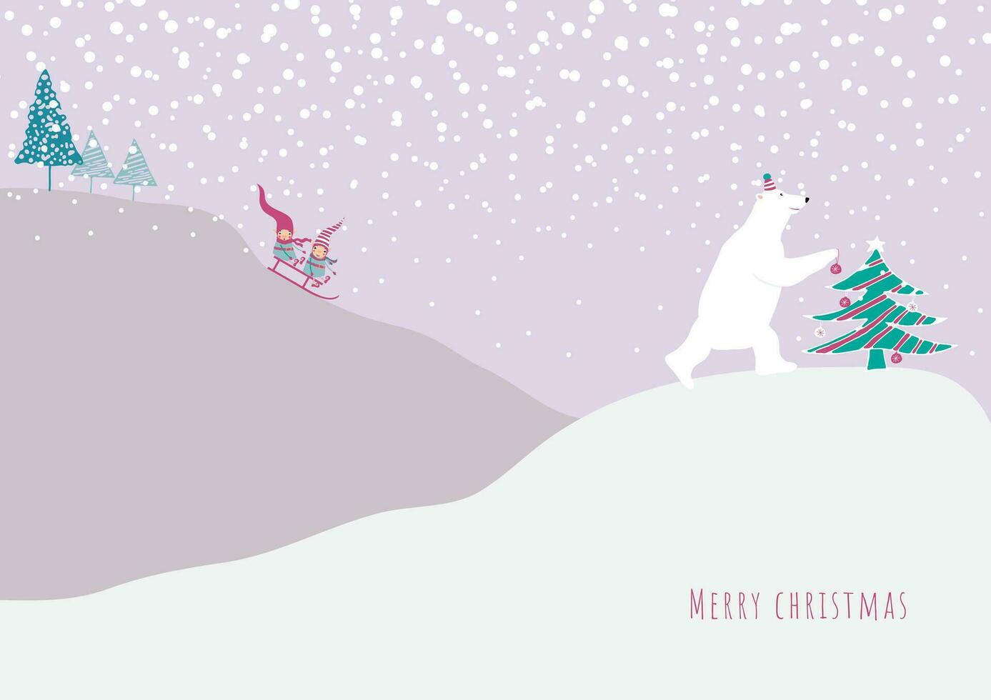 Winter illustration with template for merry christmas and happy new year cards, greetings, banners or posters. Elves ride downhill on a sled and polar bear decorates a Christmas tree. Winter landscape vector