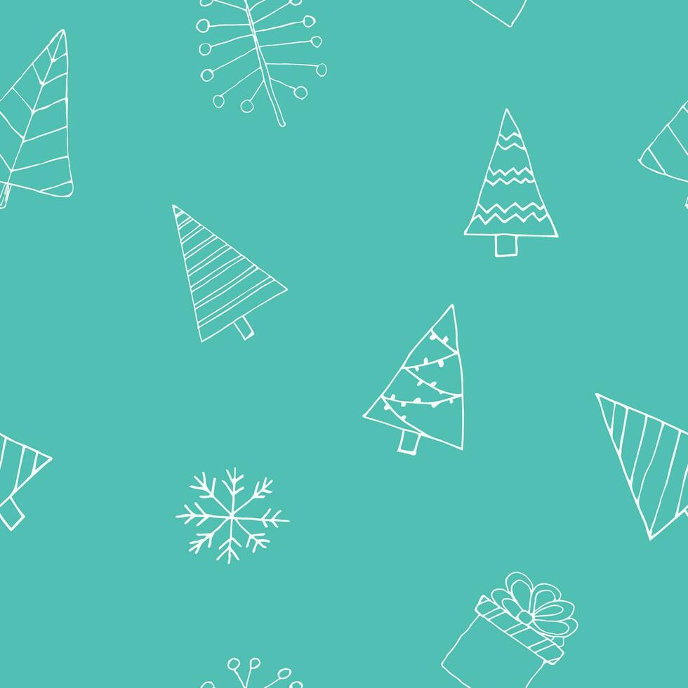 Merry Christmas seamless pattern. Happy new year ornament with christmas trees and hand-drawn gifts and a snowflake on bright blue background. For christmas wrapping and package, greeting cards vector