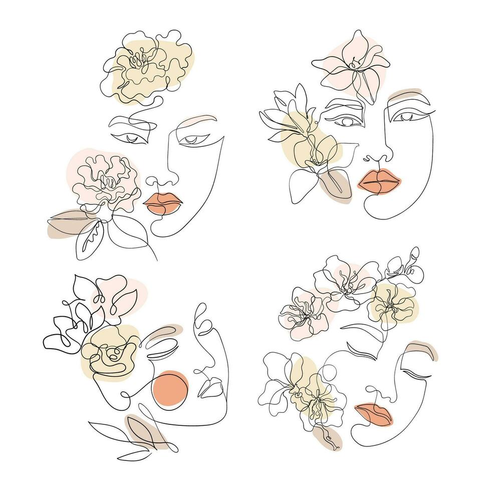 Female face line art with sakura, camellia, magnolia flowers. Asian woman drawn continuous style, set vector liner for cosmetic business