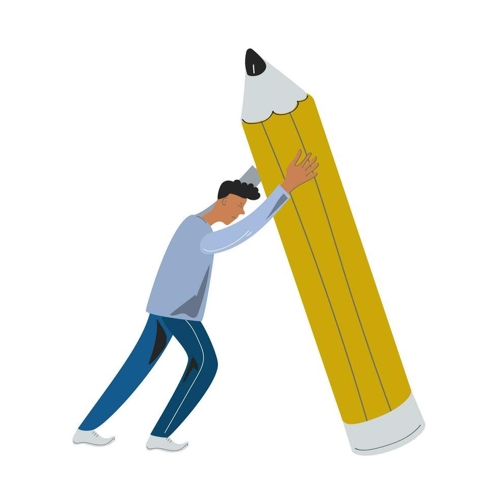 Student standing with a large pencil. Flat design style minimal vector illustration.