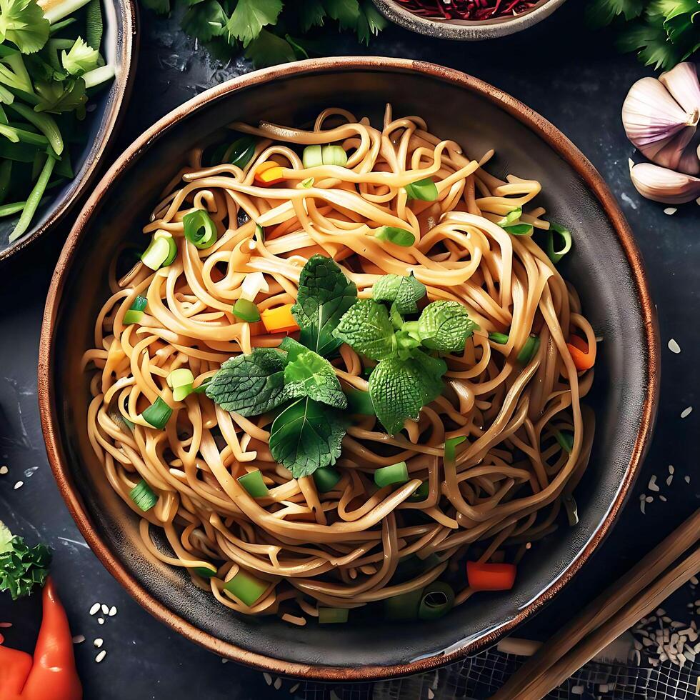 Noodles in a bowl with spicy sauce and vegetables, Korean style, photo