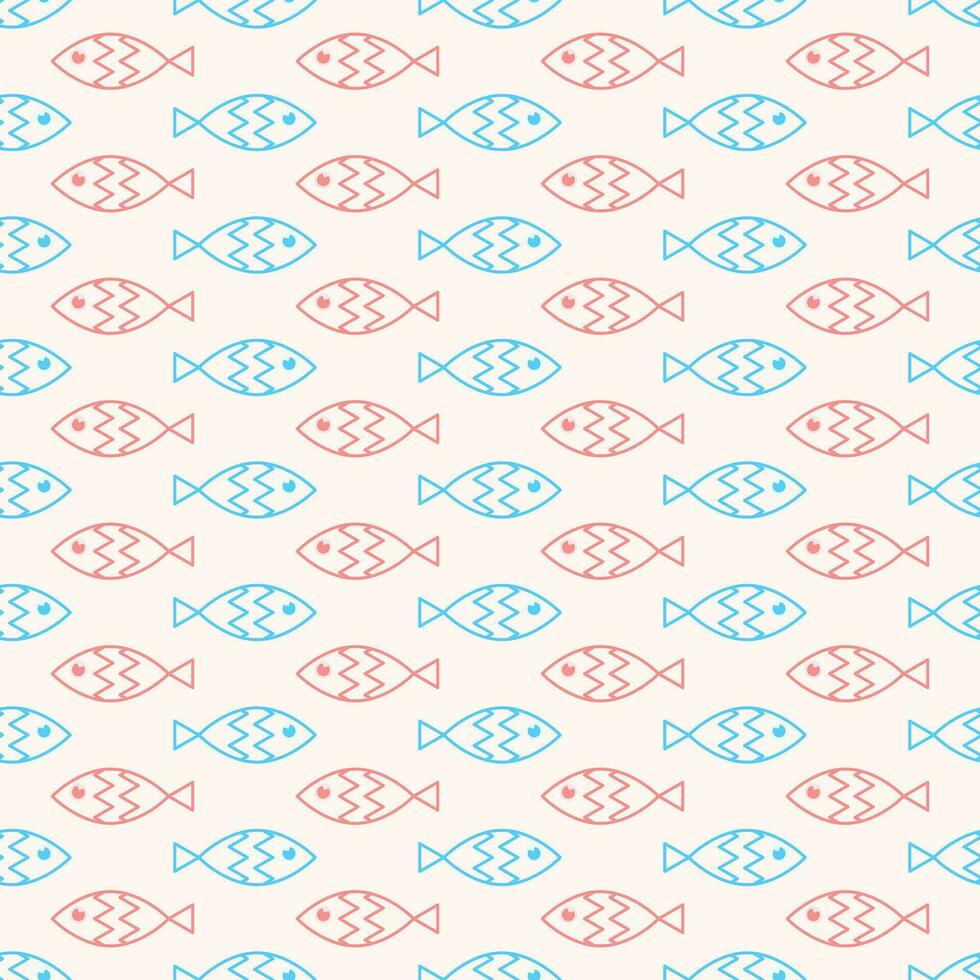 Seamless geometric pattern with pink and blue fish on light background. Vector print for fabric background
