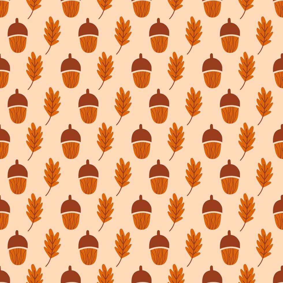 Seamless geometric pattern with acorns and leaves on beige background. Vector print for fabric background, textile