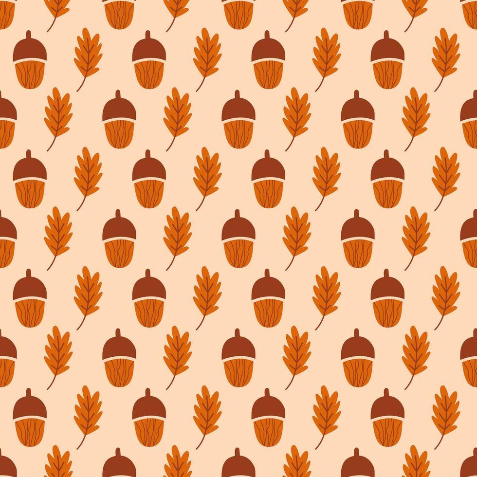 Seamless geometric pattern with acorns and leaves on beige background. Vector print for fabric background, textile