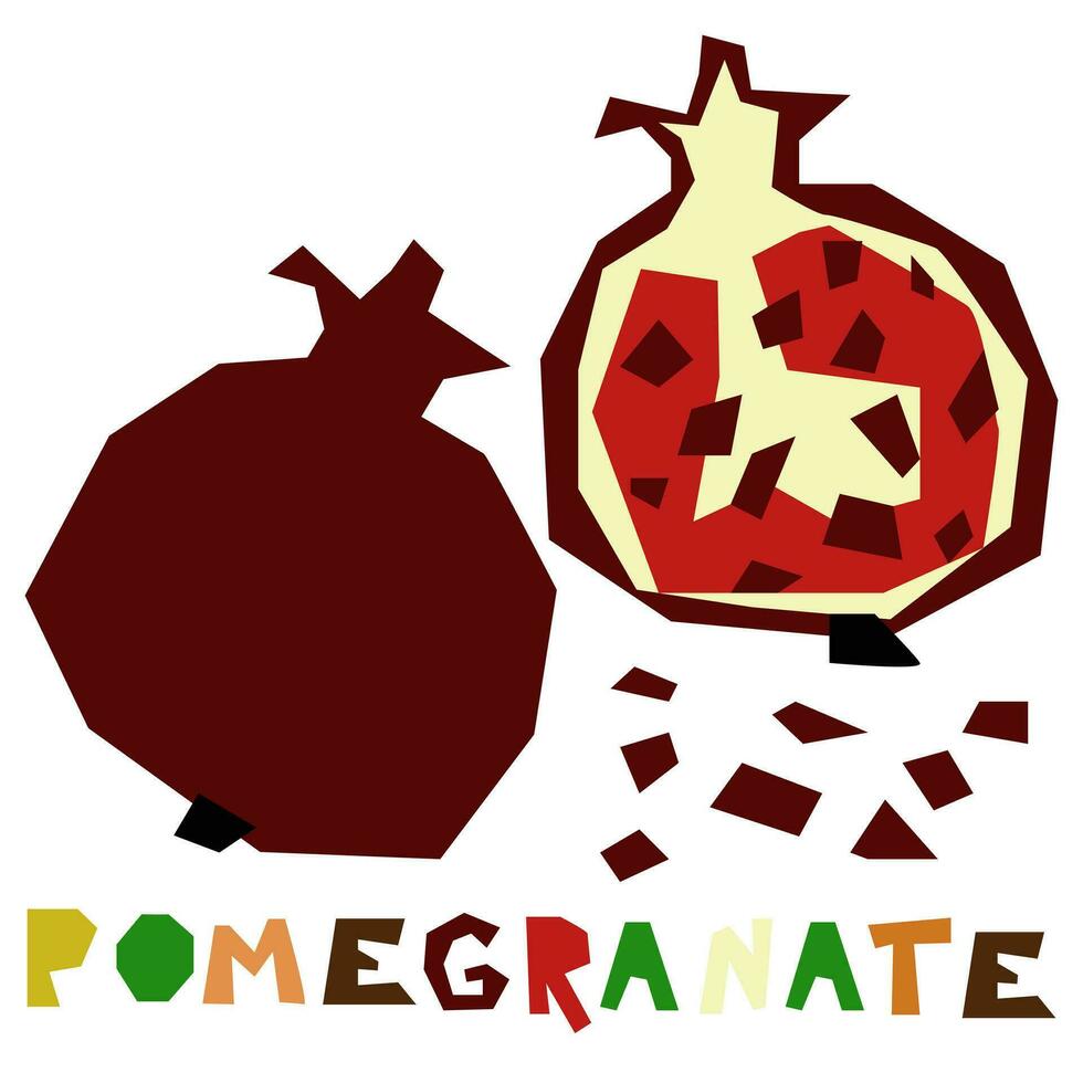 A red garnet, whole and in section, is highlighted on a white background. The original signature is pomegranate. Juicy summer fruits for organic food packaging. Geometric stylized flat vector