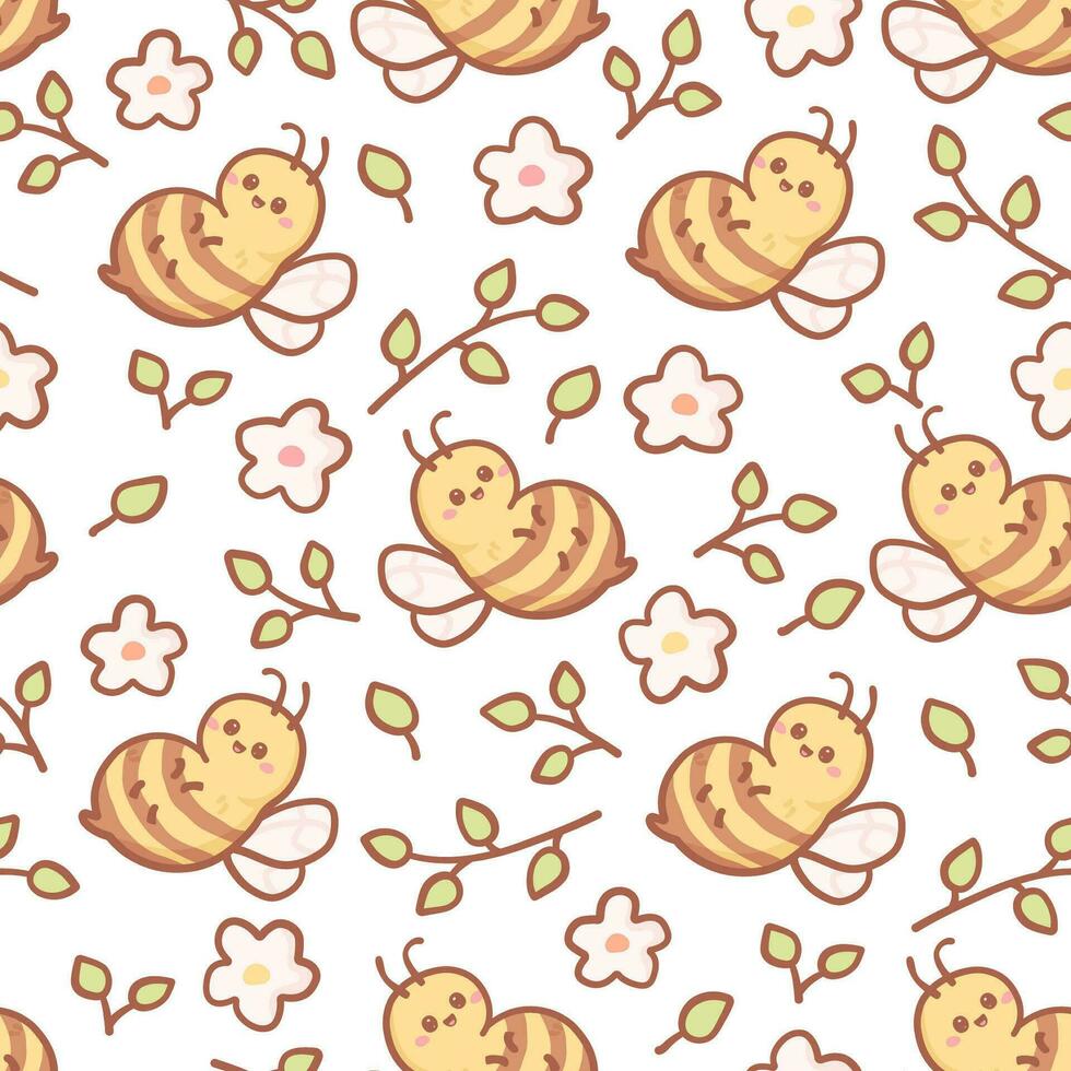 Seamless pattern with kawaii bee, flowers and leaves. Cute print for phone case, backgrounds, fashion, wrapping paper and textile. Vector Illustration