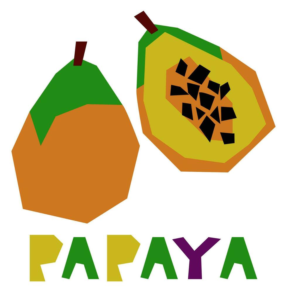 Colored papaya, whole and in section, highlighted on a white background. The original signature is papaya. Juicy summer fruits for packaging organic food. Geometric stylized flat vector illustration