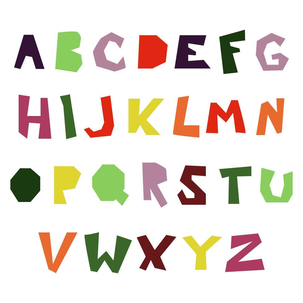 A set of fonts with broken sharp letters and the whole alphabet. A color font made of sharp lines. The letters are in English. Vector illustration. Color collection