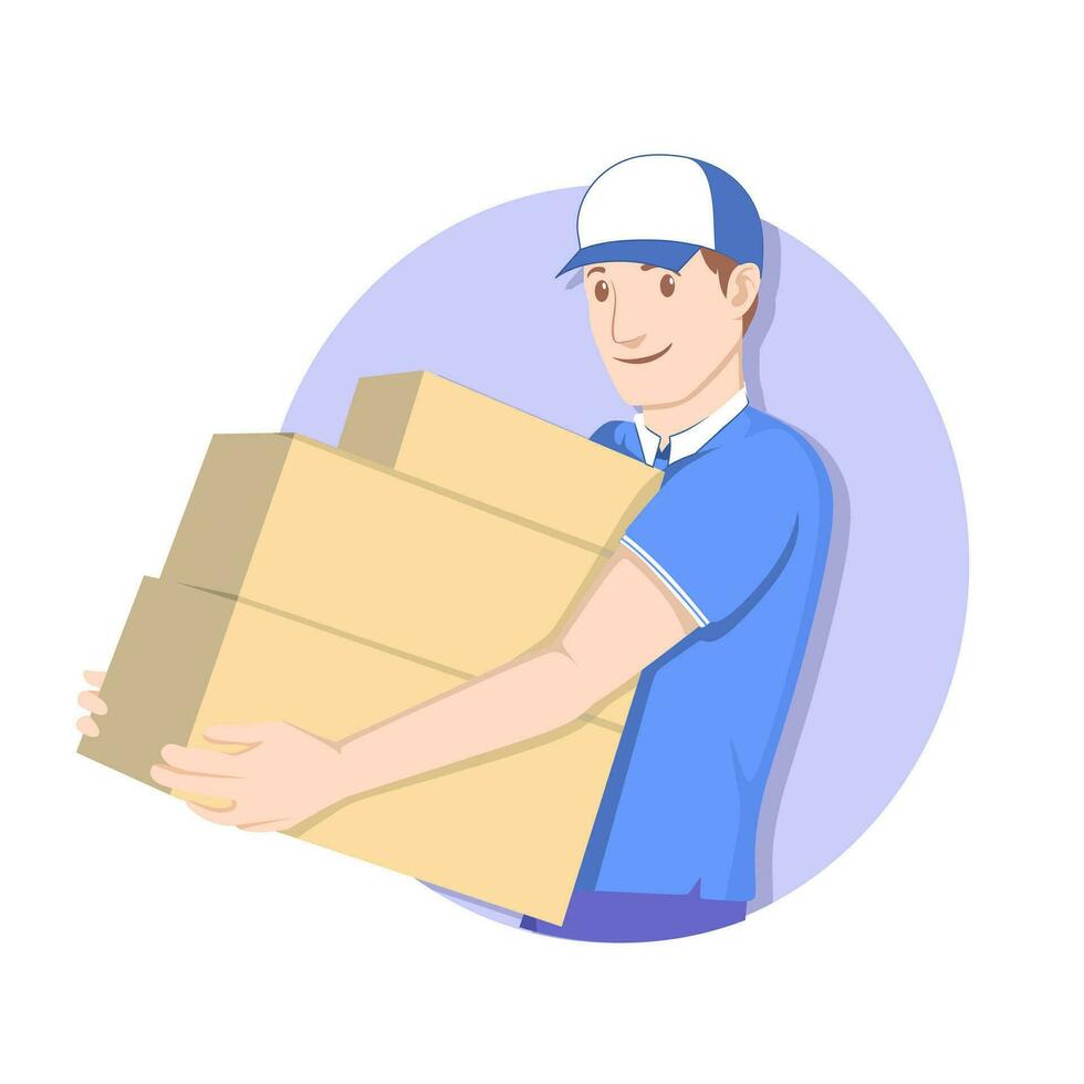 Smiling delivery man in blue uniform holding a package box . flat vector illustration.