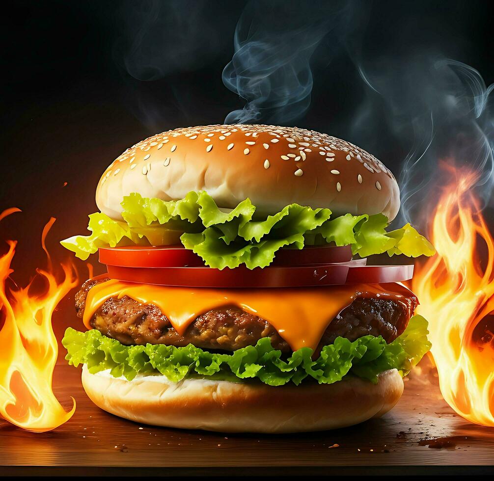 Hamburger with cheese and lettuce on a wooden board with fire and smoke in the background, Ai Generative photo