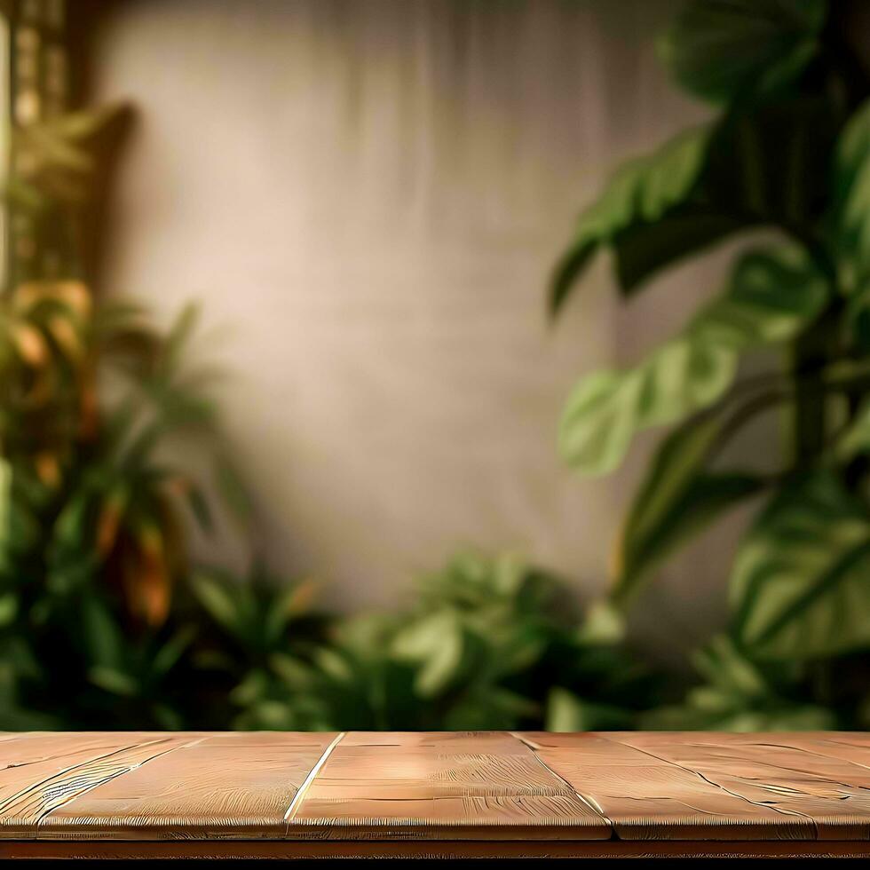 Empty rustic wooden table with some plants, Ai Generative photo