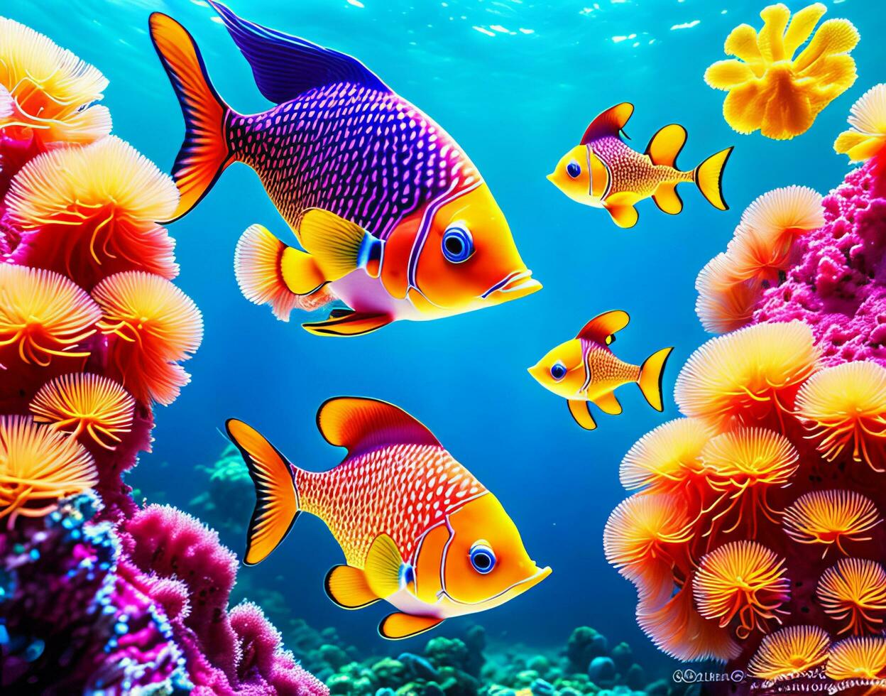 Butterfly fish gracefully gliding through a coral reef, their colorful patterns catching sunlight photo