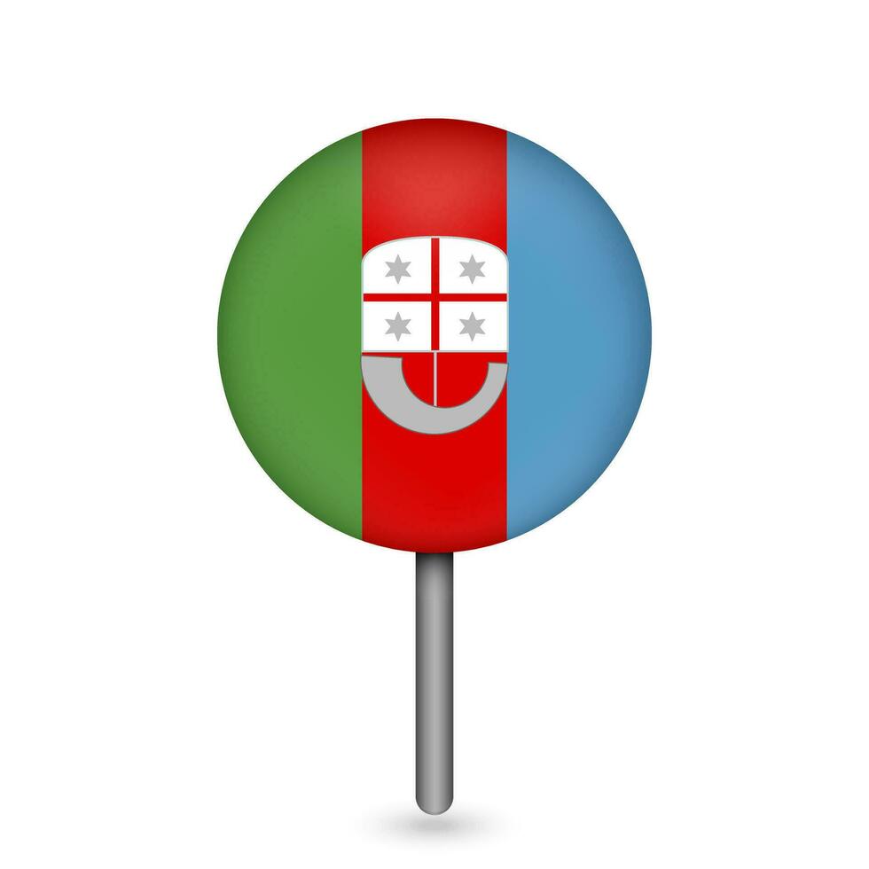 Map pointer with Liguria Flag. Region of Italy. Vector illustration.