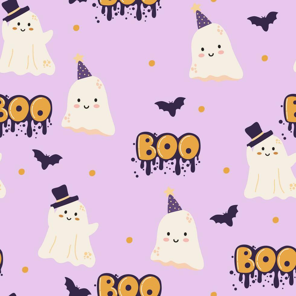 Cute Ghost seamless pattern, kids Halloween digital background. Pink spooky fabric design with ghosts, lettering boo in graffiti style and bats. Vector illustration
