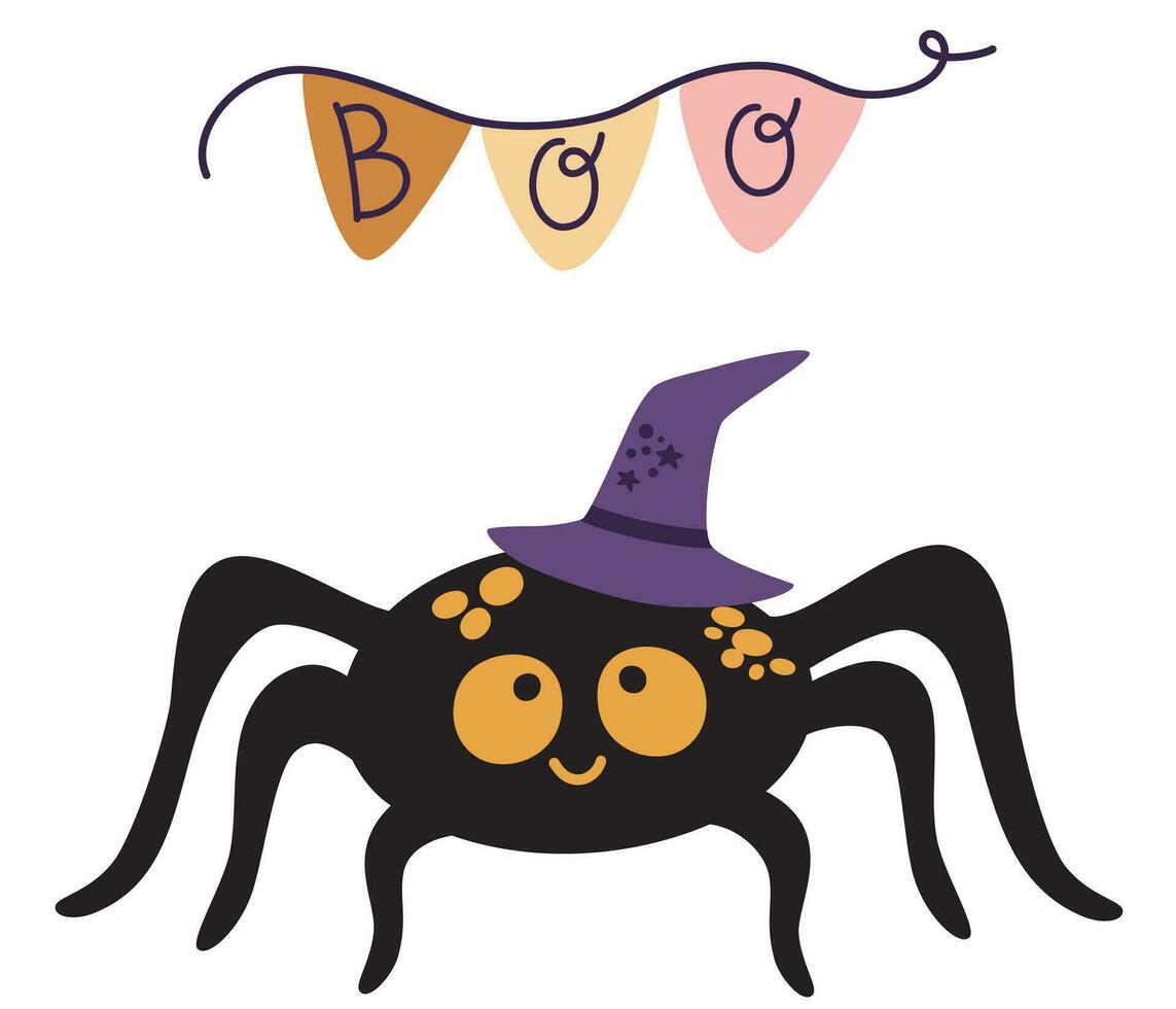 Spider in party witch hat. Flags with the inscription boo. Happy Halloween. Vector cute illustration in trendy colors for postcard, flyer, banner