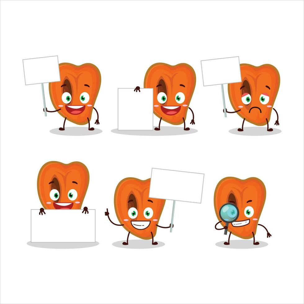 Slice of zapote cartoon character bring information board vector