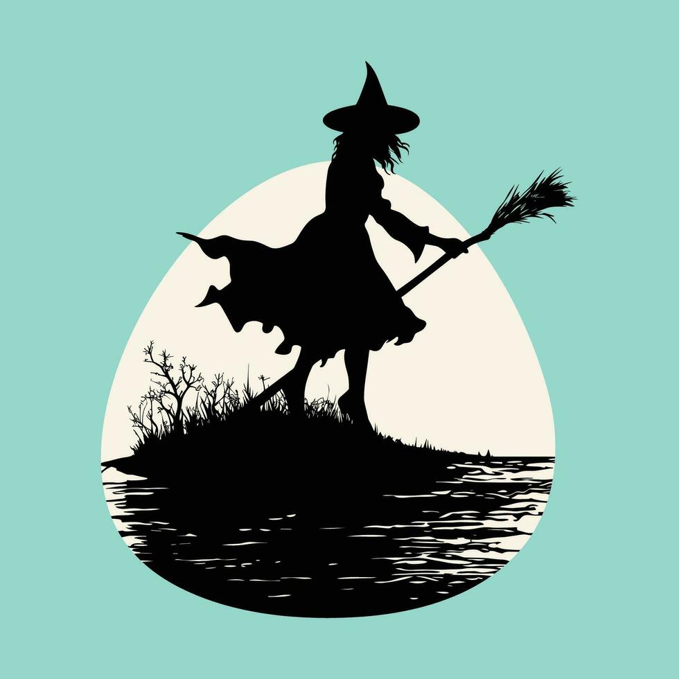 Witch Flying on Broomstick Over Lake on Light Blue Background vector