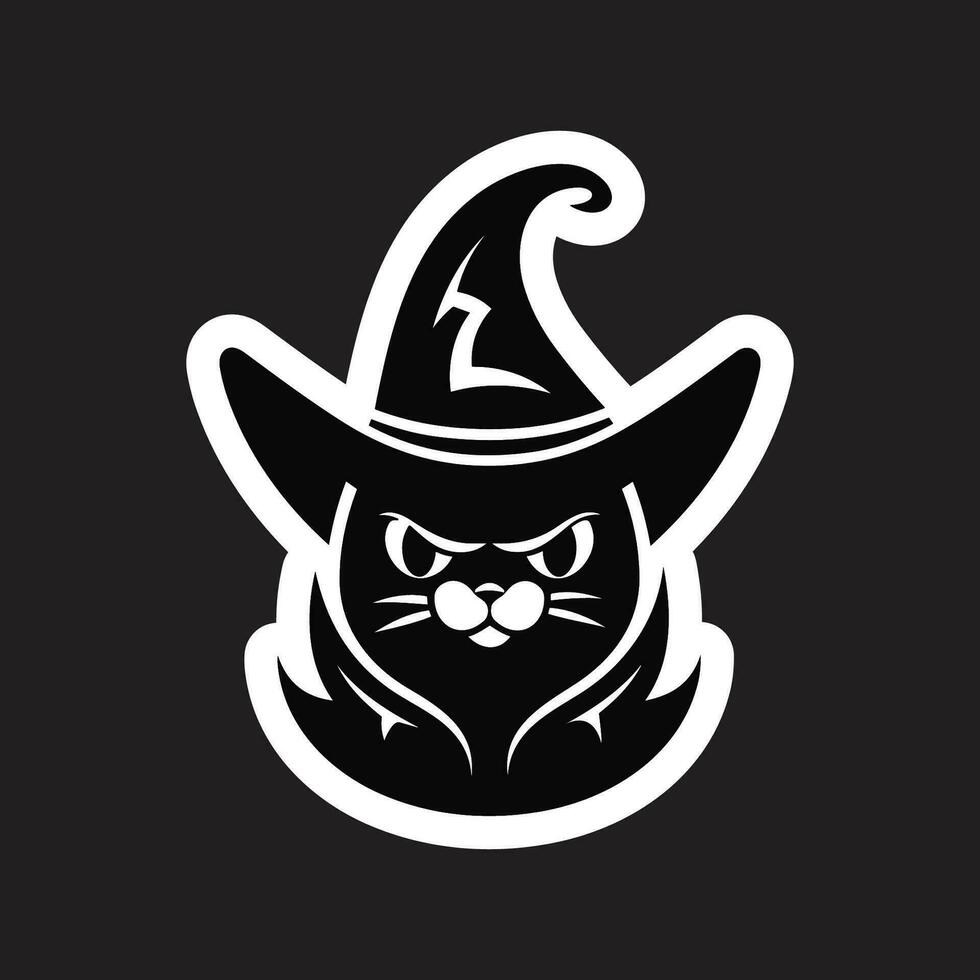 gruñón gato en bruja sombrero en negro antecedentes vector